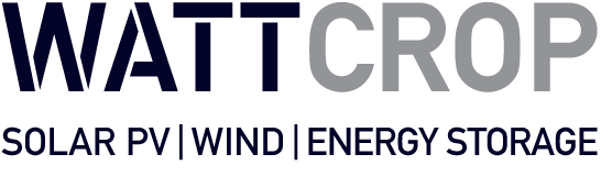 Λογότυπο της WattCrop με μαύρα και γκρι γράμματα και κάτω από το κείμενο στην αγγλική γλώσσα οι λέξειςsolar PV, Wind, Energy Storage με μαύρα γράμματα